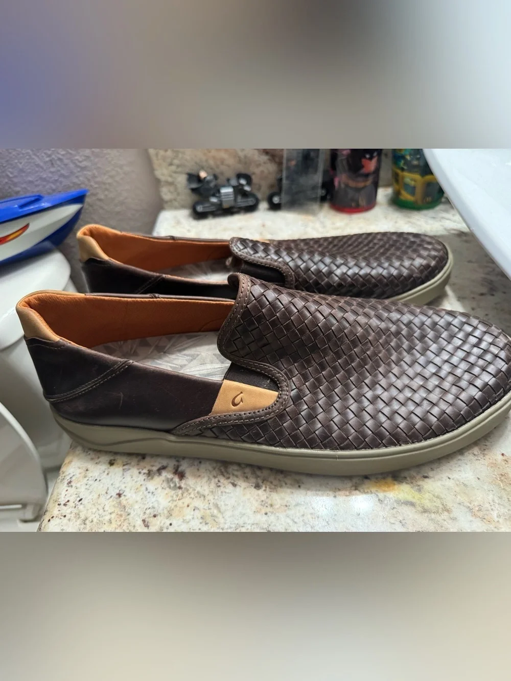 OluKai Lae‘ahi Lauhala Woven Leather Shoes Dark Java Mens Size 14 EUR 47